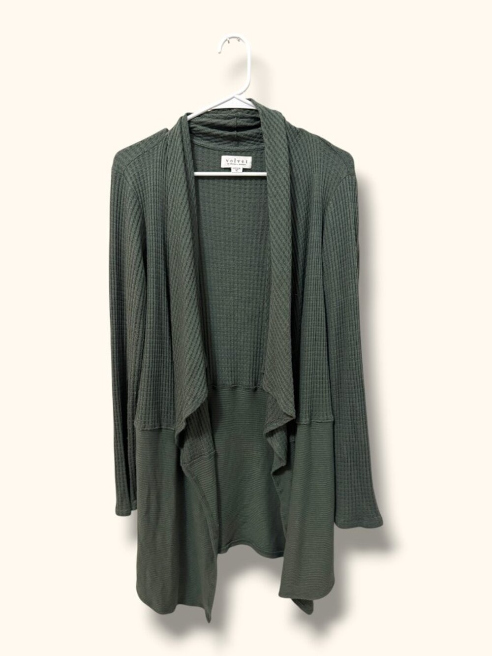 Velvet Cardigan Womens XL Olive Green Waffle Knit Open Front Long Sleeve